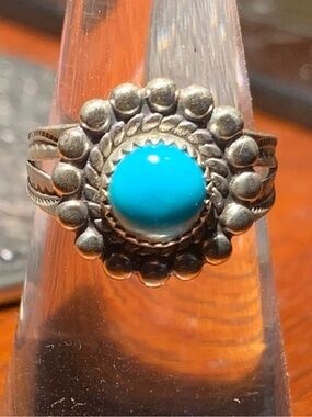 Vintage Navajo Rosette Turquoise Ring Hallmark 3.25 grams